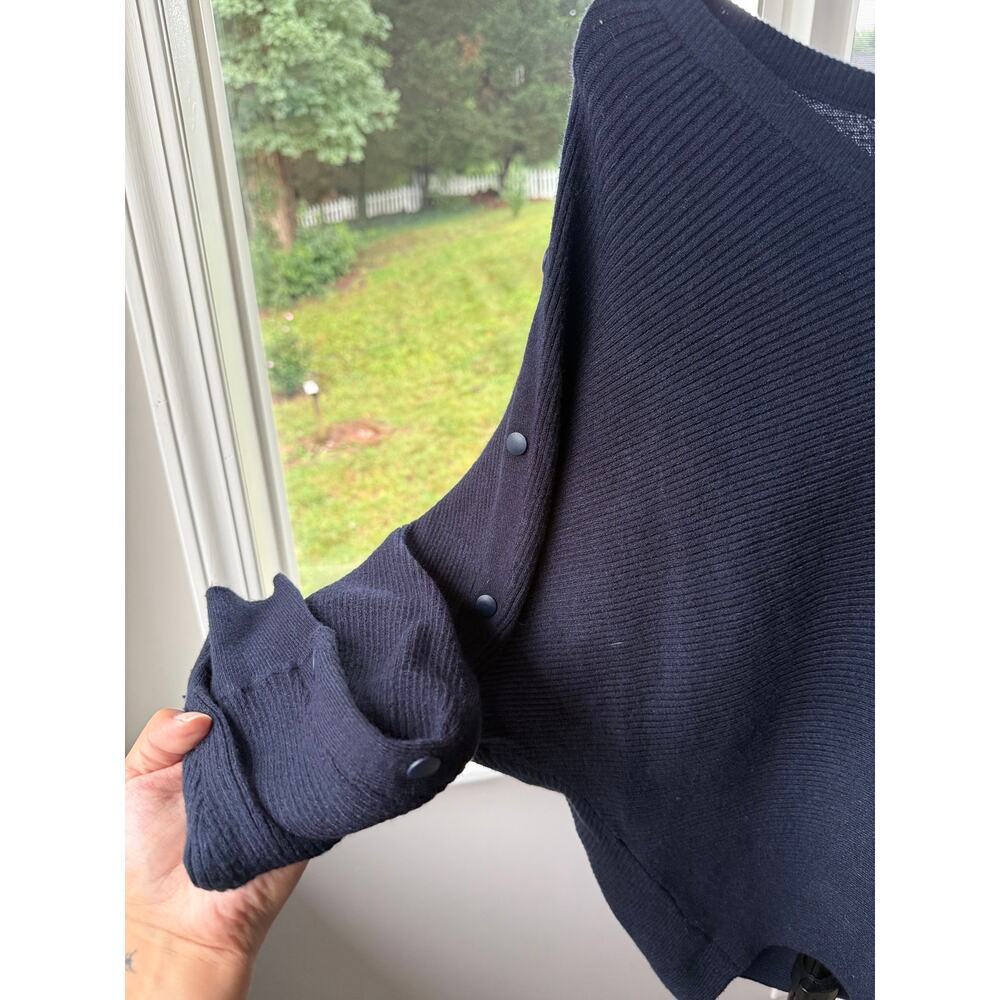 Navy Rib Knit V Neck Sweater Snap Button Sleeve Catherine Malandrino Small - Picture 4 of 6